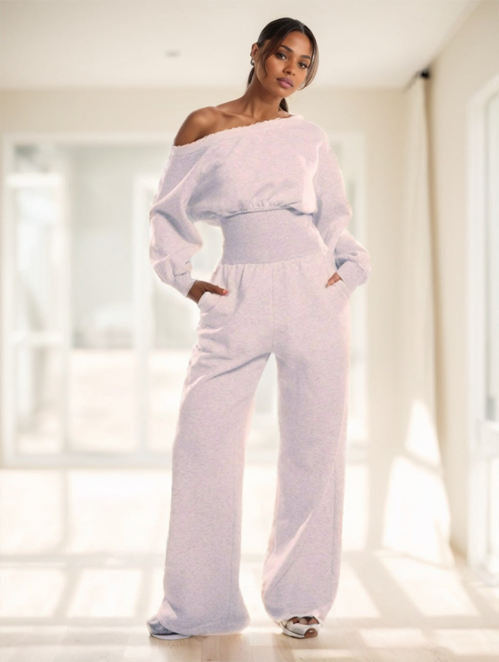 Shoulder Jogger Wide Leg Jumpsuit Cinched - Outfit Emporium