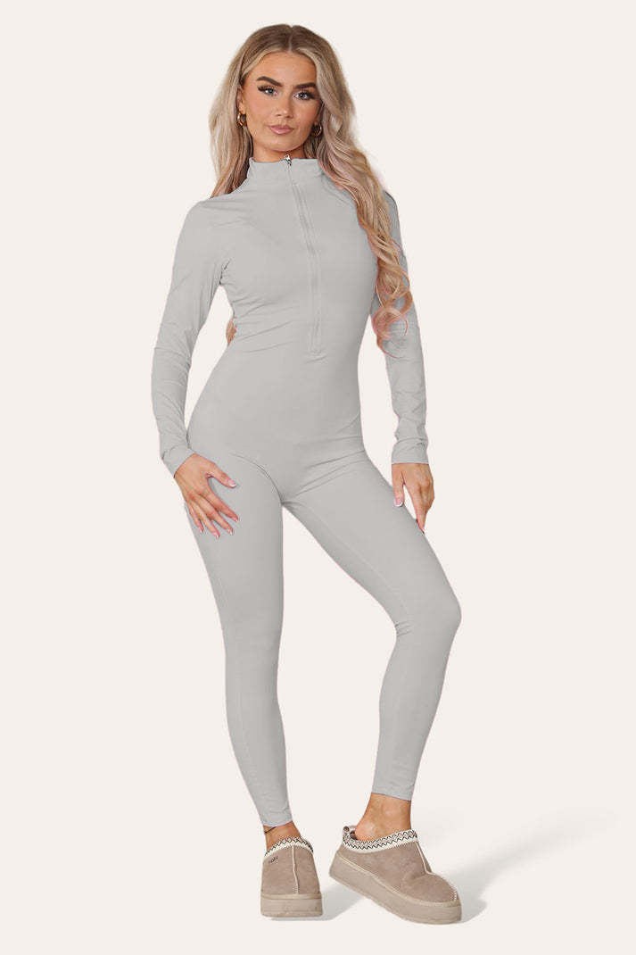 Ribbed High Neck Zipper Collar Jumpsuit Front Unitard Set - Outfit Emporium