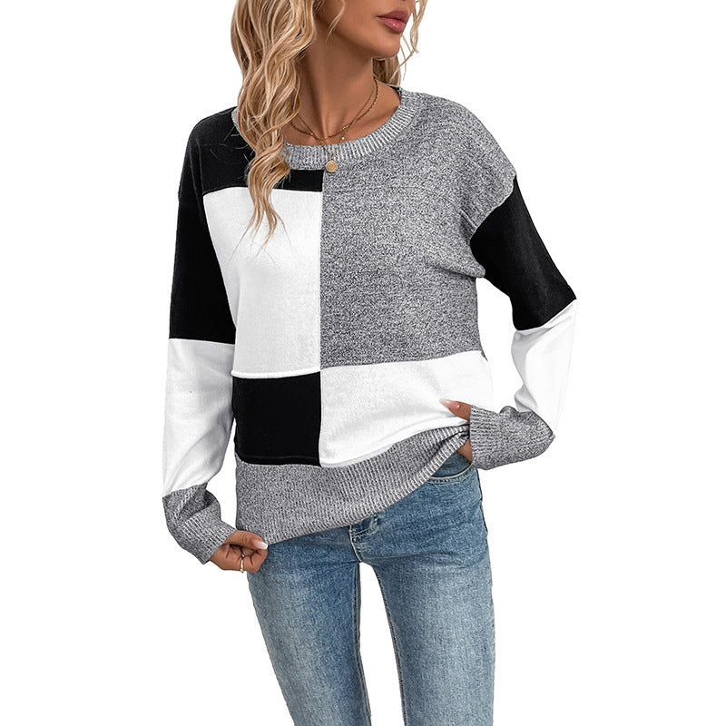Women's Loose Square Contrast Color Long Sleeves Sweater