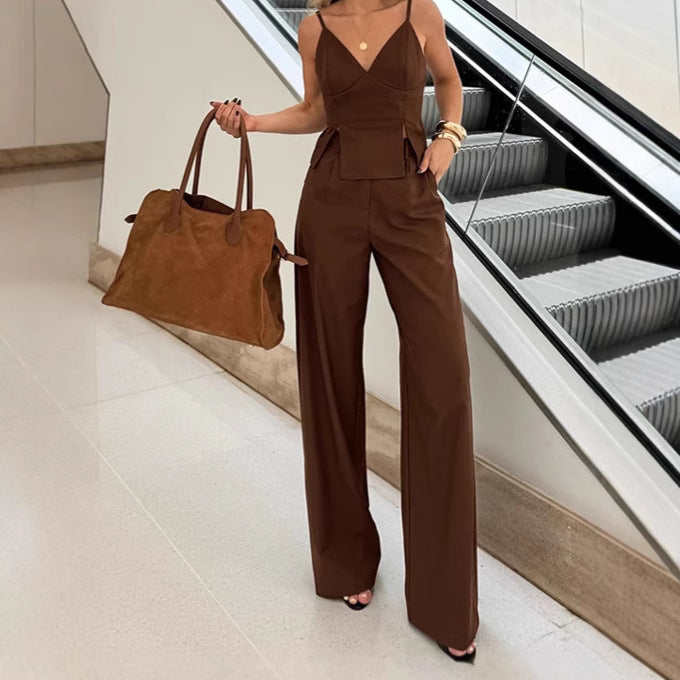 Brown Sleeveless V-neck Brace Split Vest Trousers Suit - Outfit Emporium
