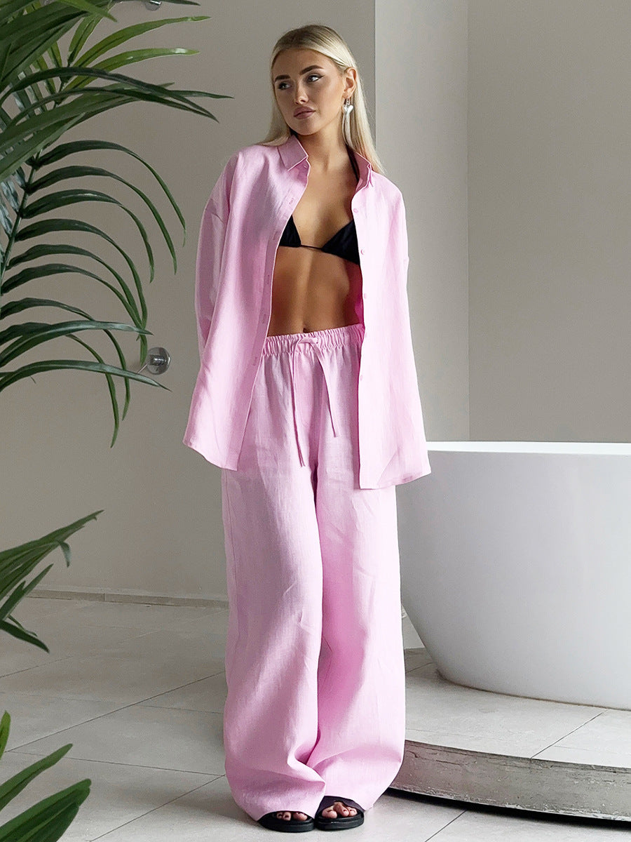 Women's Solid Color Loose Shirt Trousers Suit
