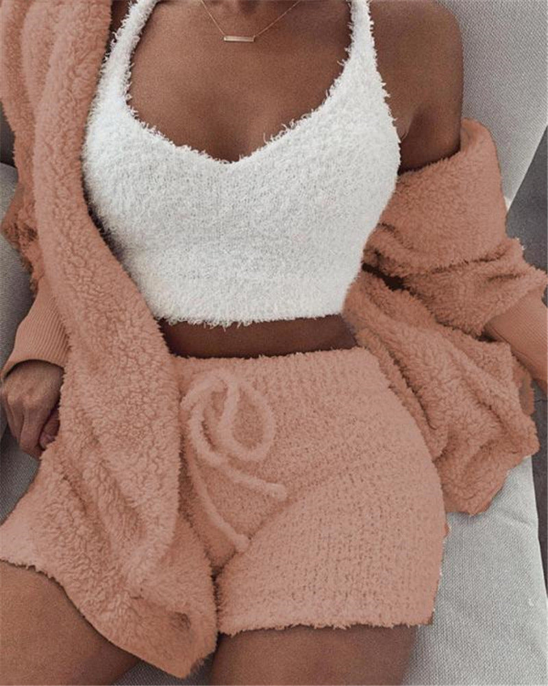 3pcs Long Sleeve Crop Tank Top And Drawstring Shorts Pajamas - Outfit Emporium
