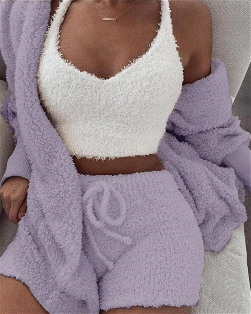 3pcs Long Sleeve Crop Tank Top And Drawstring Shorts Pajamas - Outfit Emporium