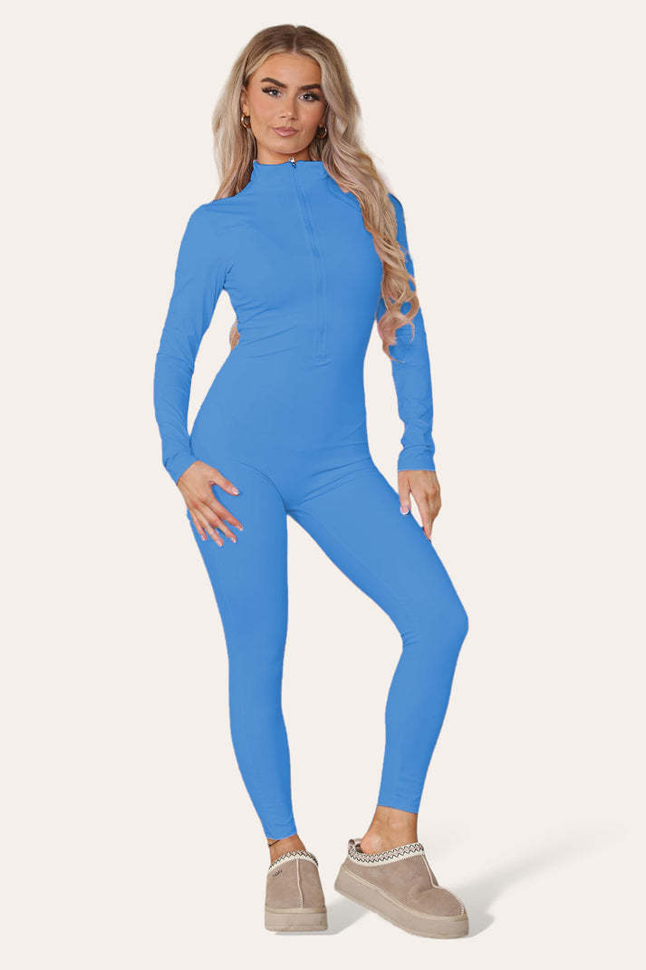 Ribbed High Neck Zipper Collar Jumpsuit Front Unitard Set - Outfit Emporium