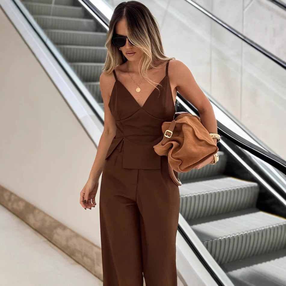 Brown Sleeveless V-neck Brace Split Vest Trousers Suit - Outfit Emporium