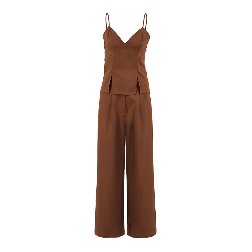 Brown Sleeveless V-neck Brace Split Vest Trousers Suit - Outfit Emporium