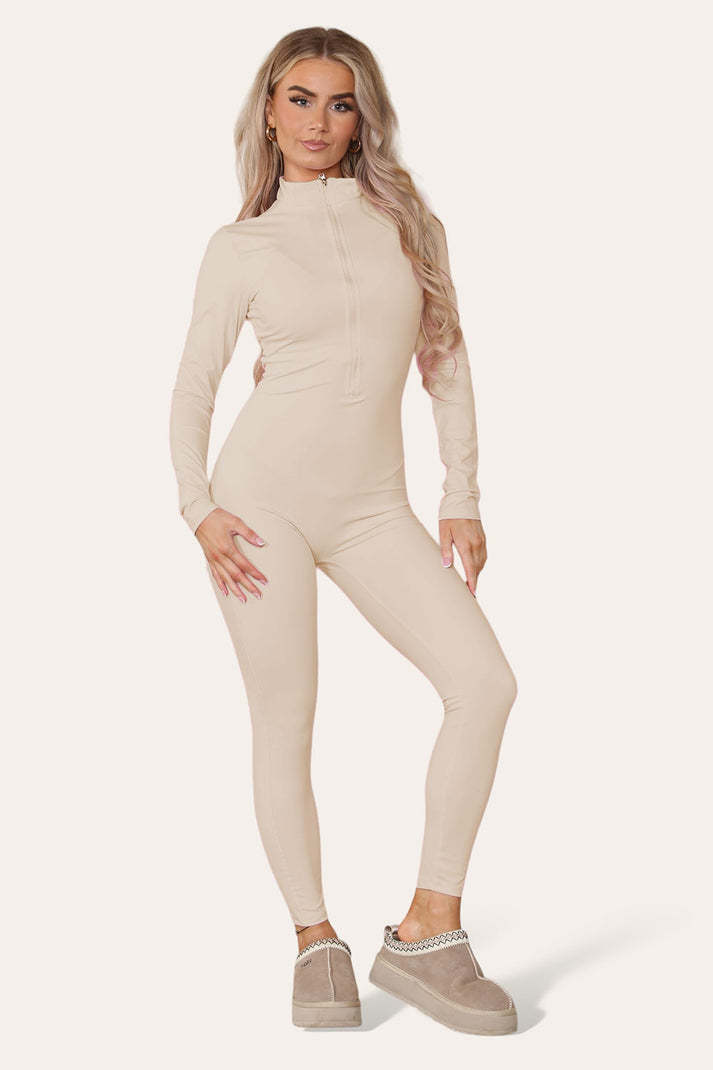 Ribbed High Neck Zipper Collar Jumpsuit Front Unitard Set - Outfit Emporium