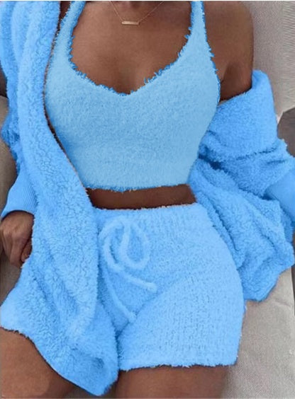 3pcs Long Sleeve Crop Tank Top And Drawstring Shorts Pajamas - Outfit Emporium
