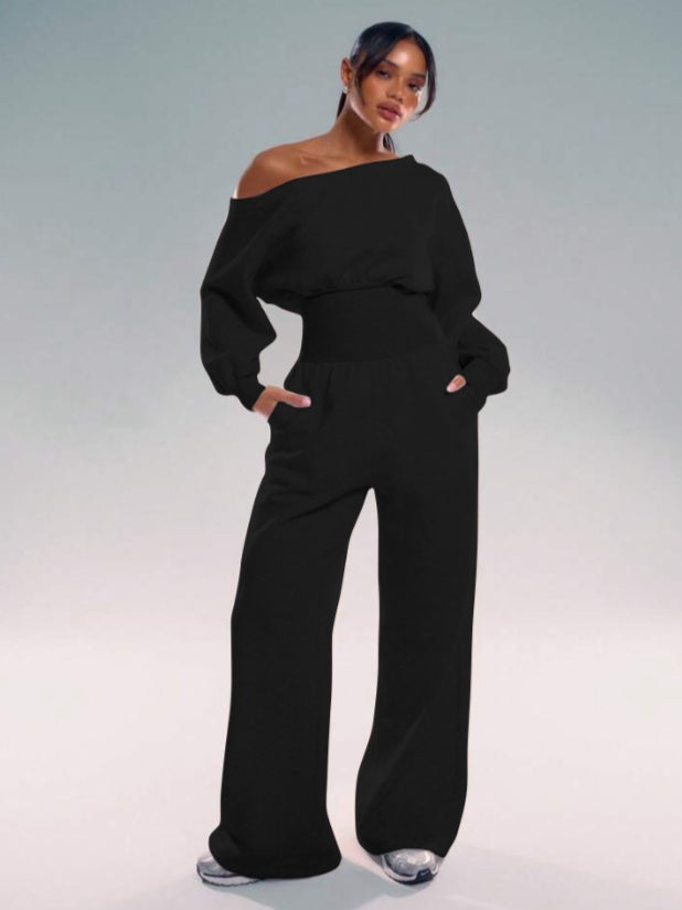 Shoulder Jogger Wide Leg Jumpsuit Cinched - Outfit Emporium