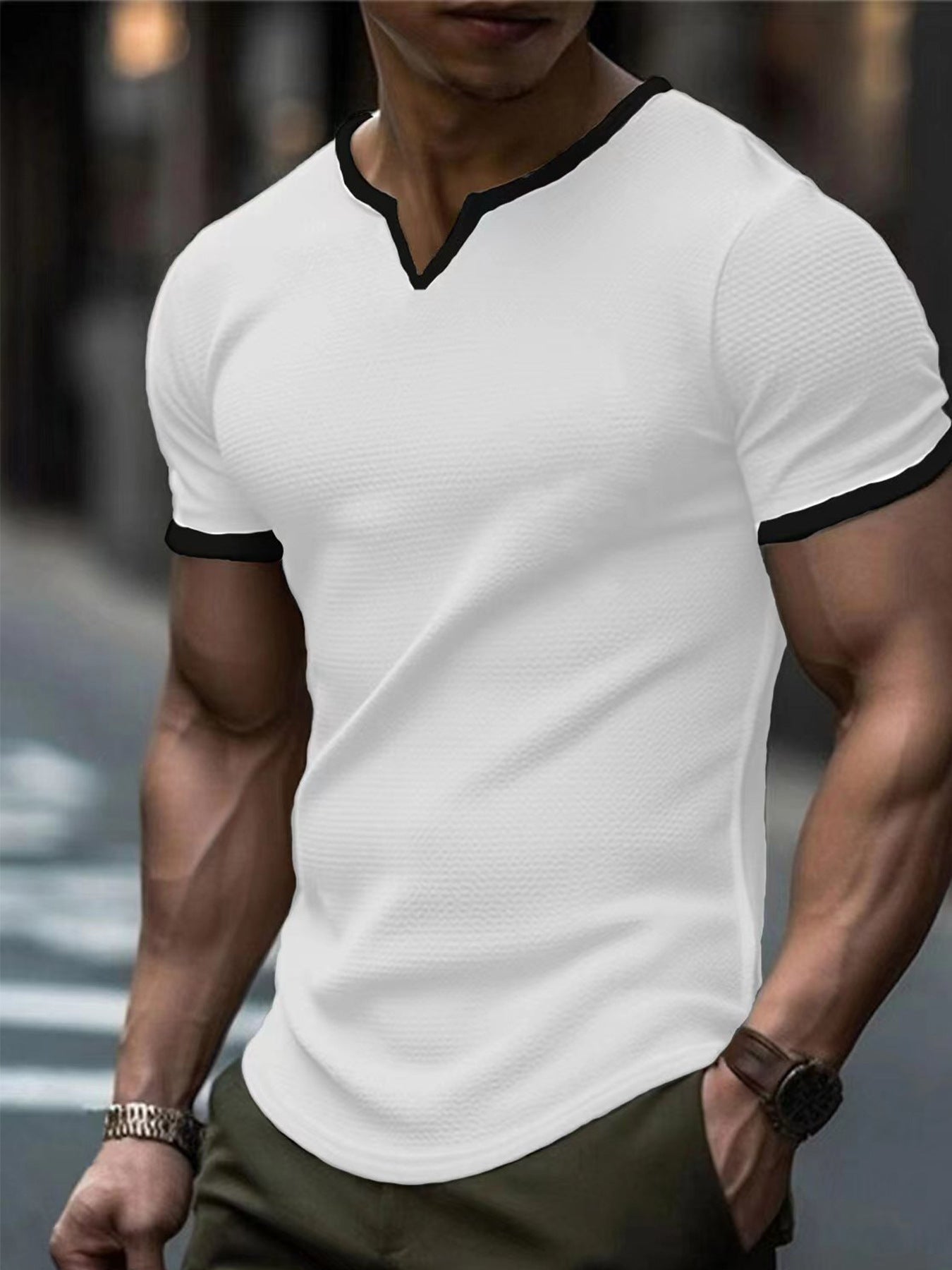 Color-block V Neck Outdoor Sports Waffle T-shirt