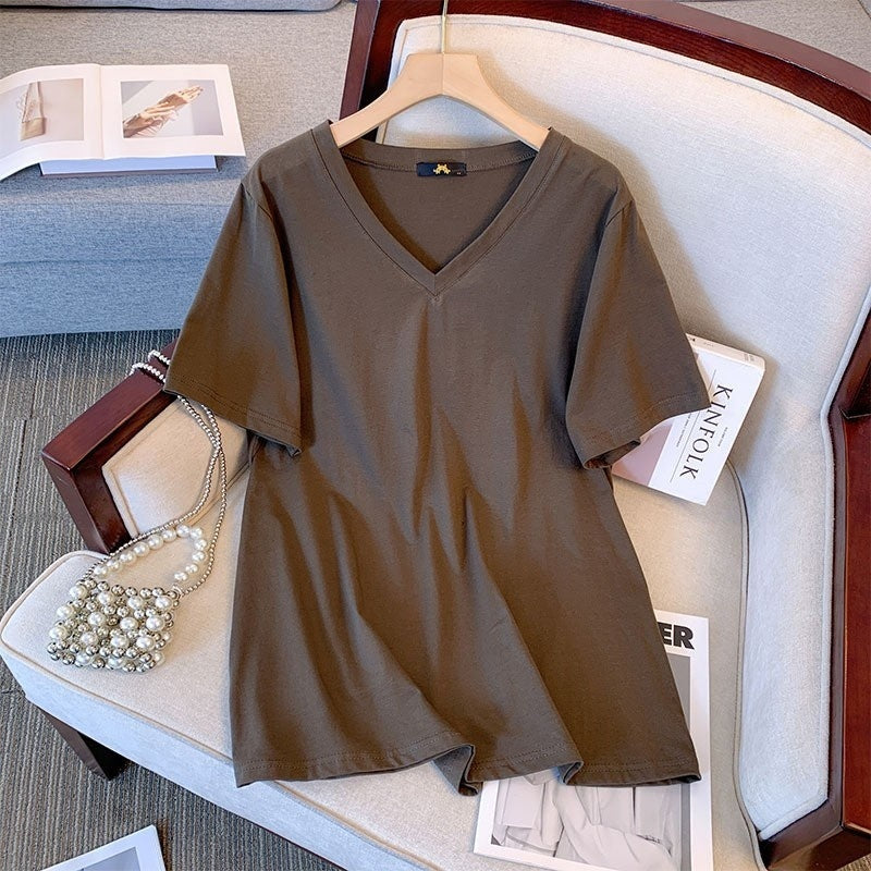 Pure Cotton Summer V-neck Short Sleeve T-shirt - Outfit Emporium