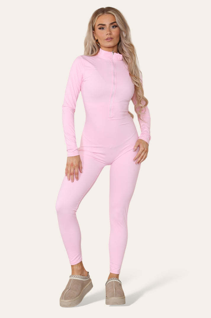 Ribbed High Neck Zipper Collar Jumpsuit Front Unitard Set - Outfit Emporium