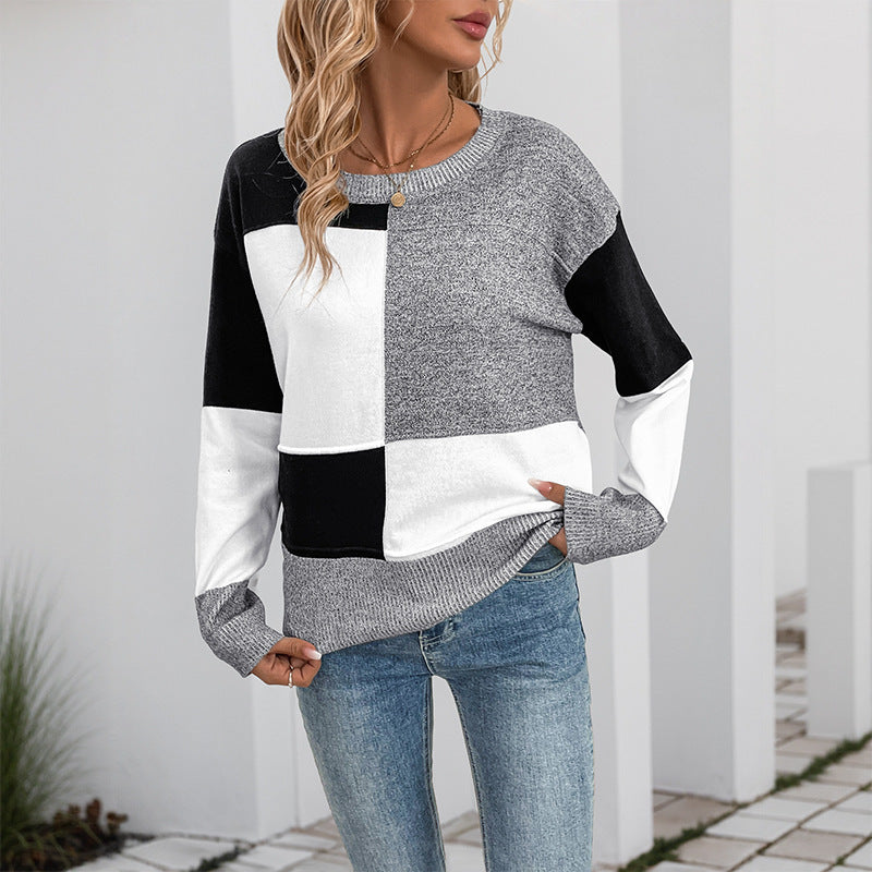 Women's Loose Square Contrast Color Long Sleeves Sweater