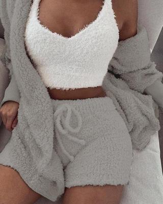 3pcs Long Sleeve Crop Tank Top And Drawstring Shorts Pajamas - Outfit Emporium