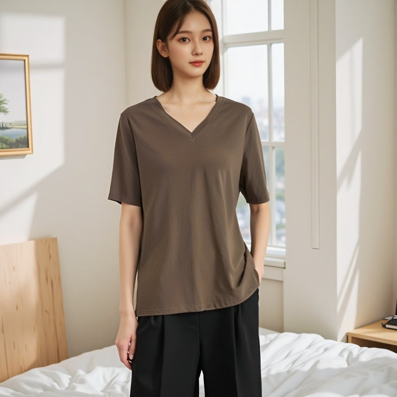 Pure Cotton Summer V-neck Short Sleeve T-shirt - Outfit Emporium