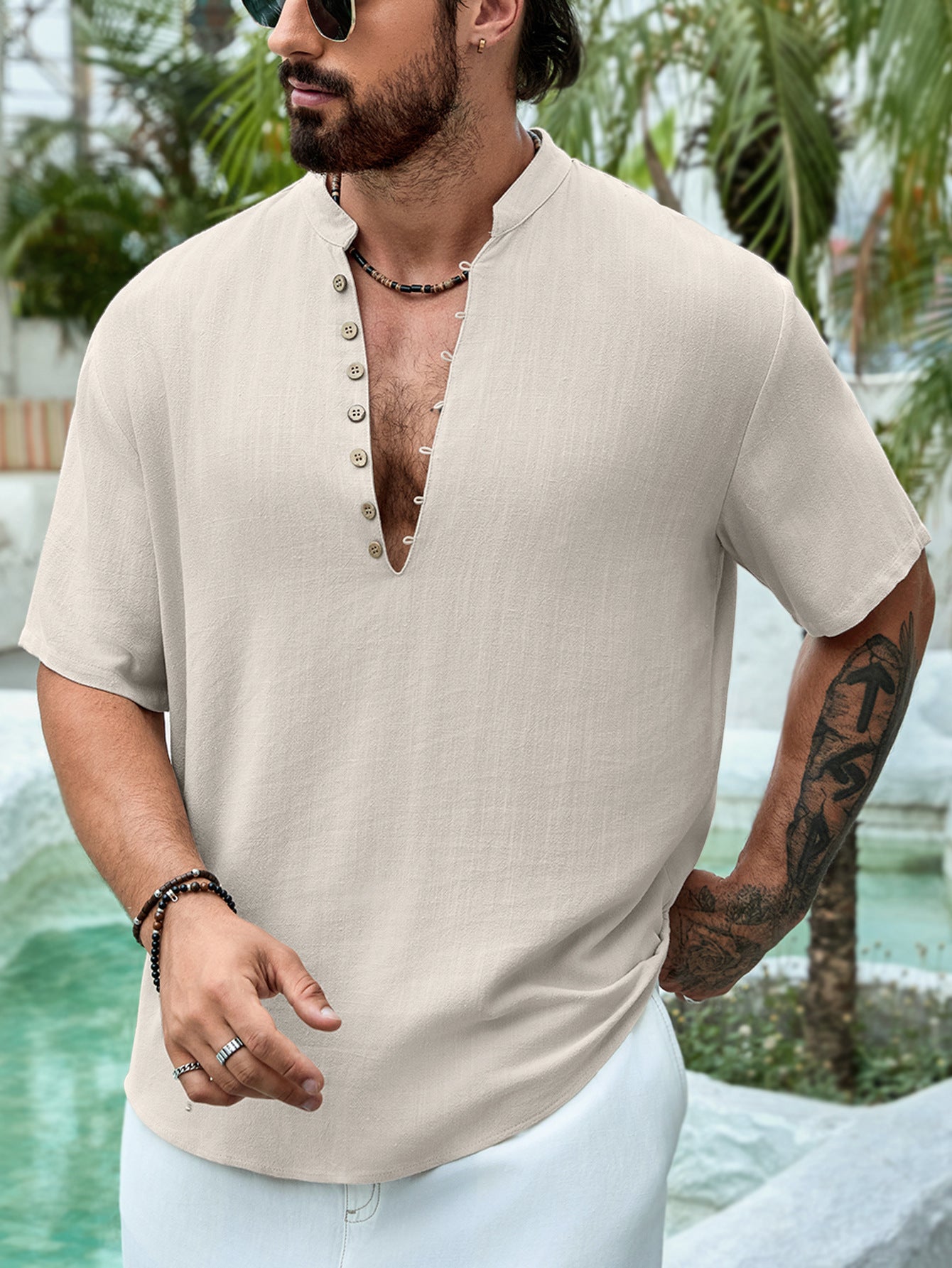 Cotton And Linen Casual Shirt Men's Short Sleeve