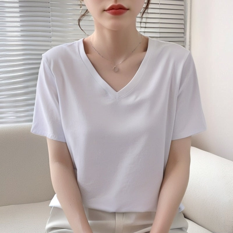 Pure Cotton Summer V-neck Short Sleeve T-shirt - Outfit Emporium