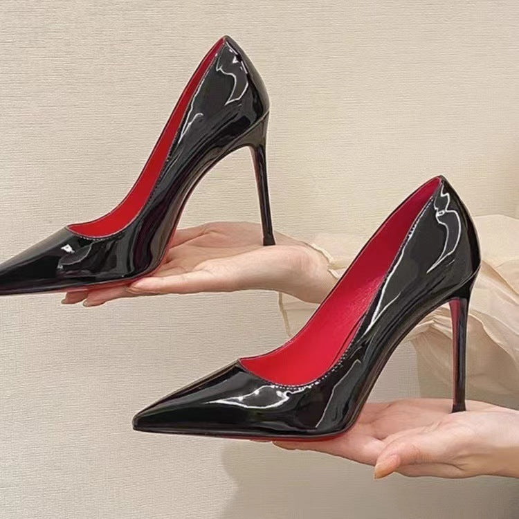 Women's Black Patent Leather Pointed High Heels - Outfit Emporium