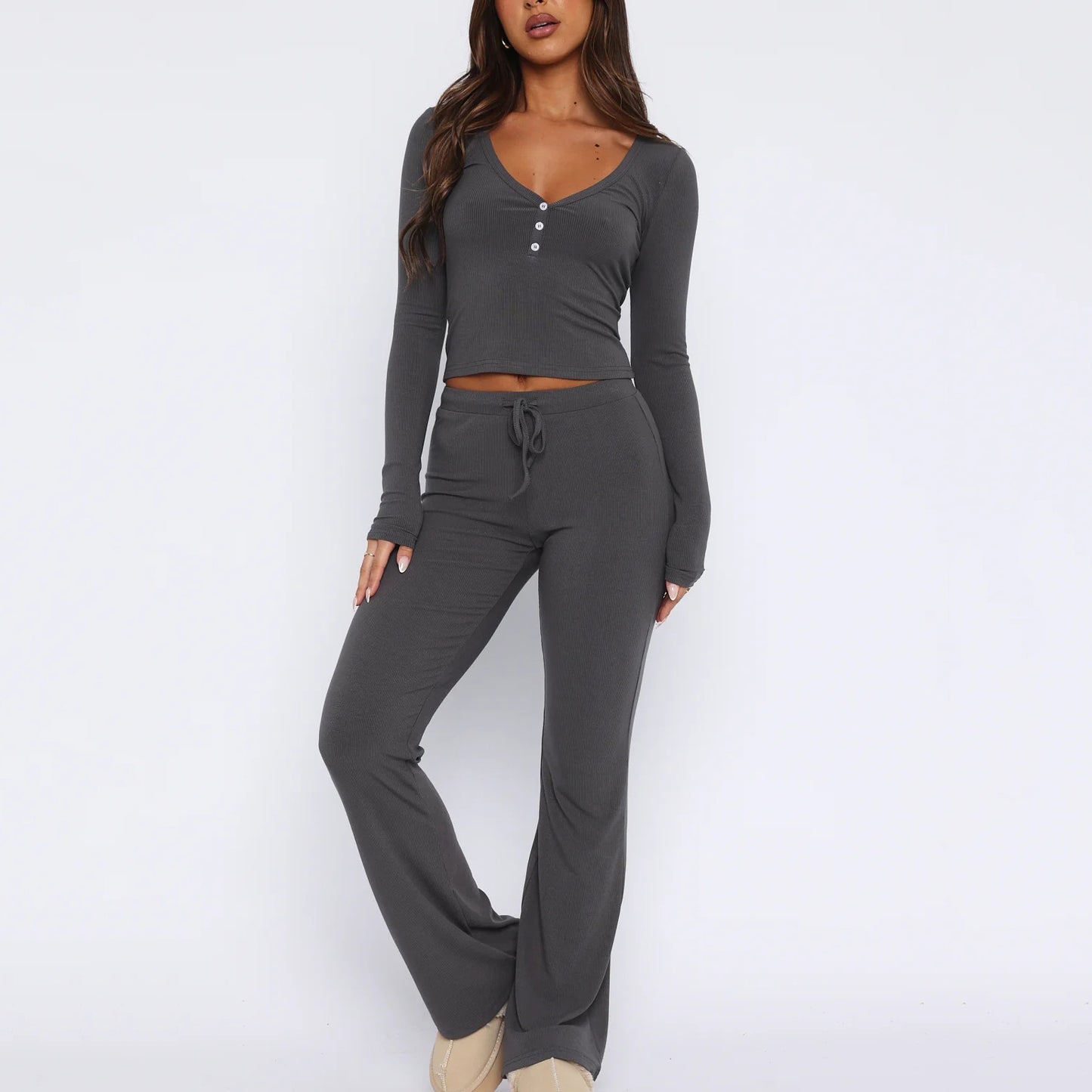 Women's Long Sleeve With Button Top And Trousers