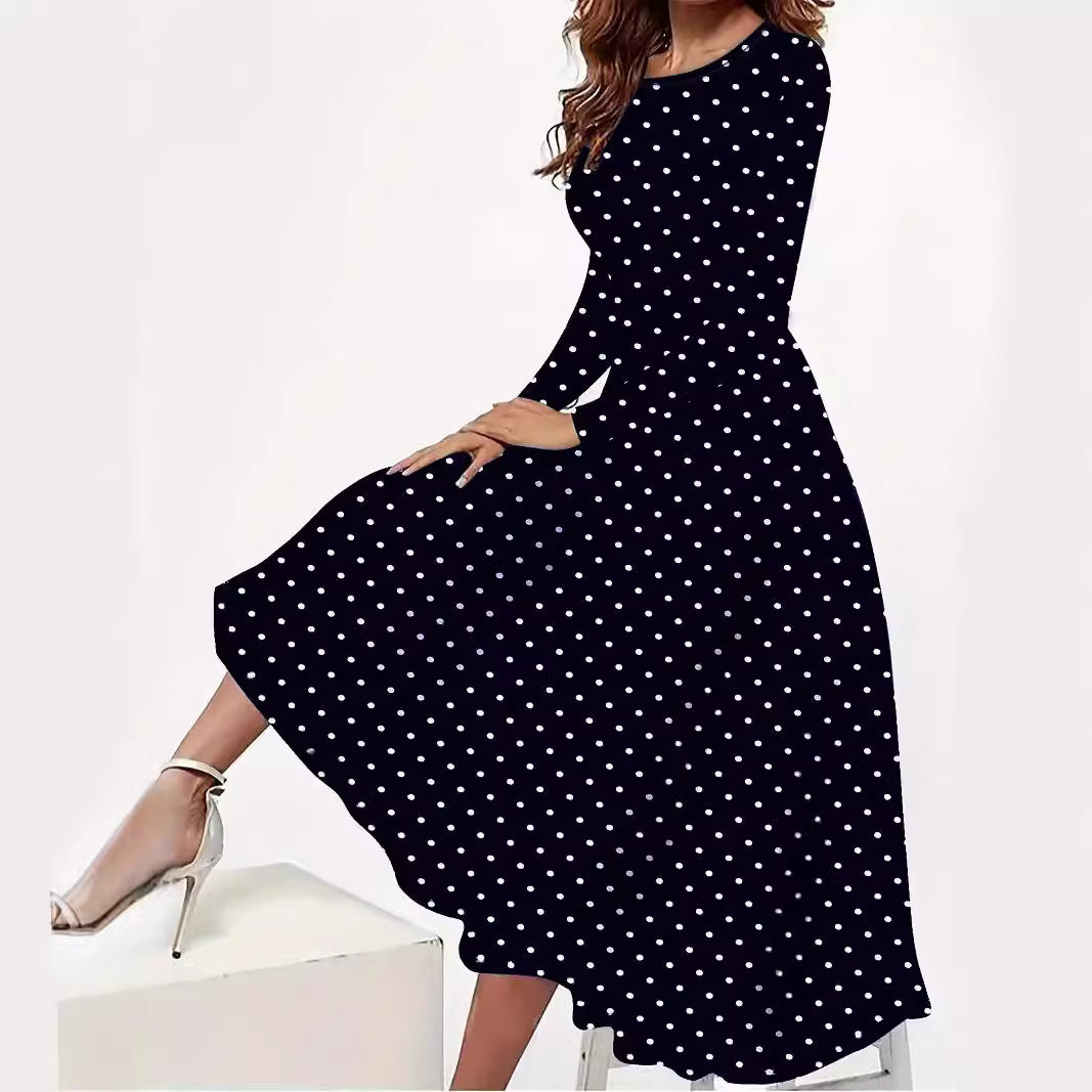Elegant Polka Round Neck Long Sleeve Pocket Dress - Outfit Emporium