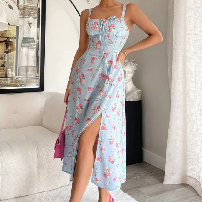 Women's Chest Strap Long Sexy Split Sling Floral Dress - Outfit Emporium