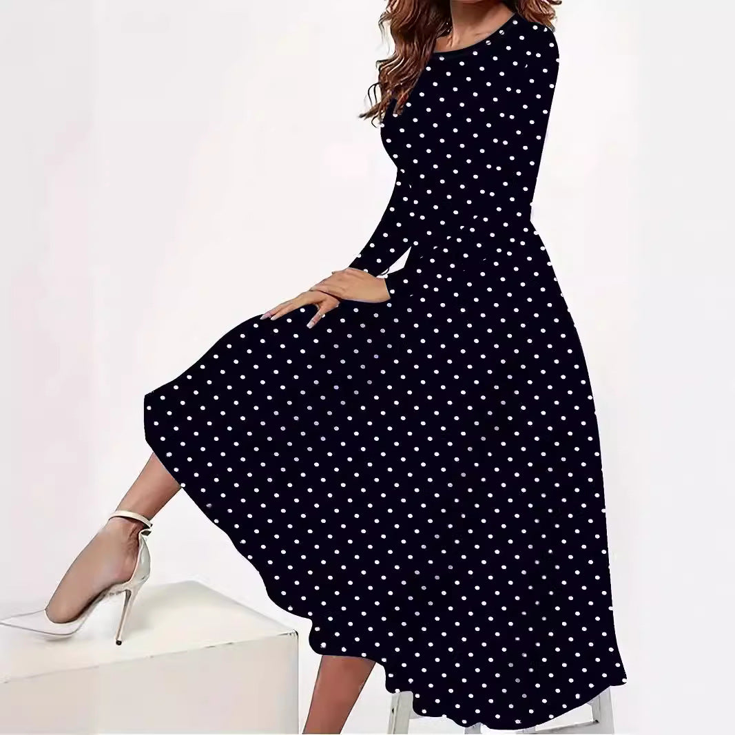 Elegant Polka Round Neck Long Sleeve Pocket Dress - Outfit Emporium
