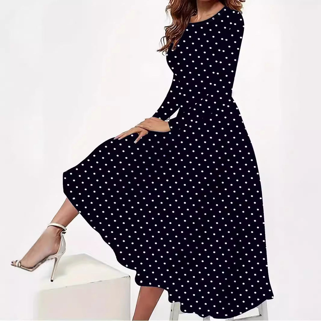 Elegant Polka Round Neck Long Sleeve Pocket Dress - Outfit Emporium