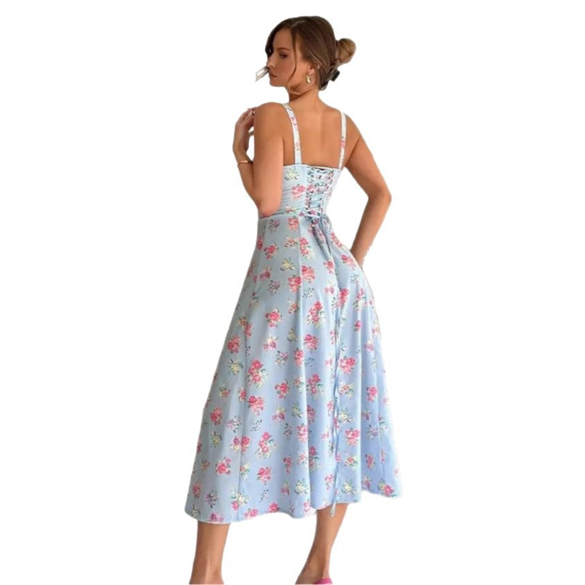 Women's Chest Strap Long Sexy Split Sling Floral Dress - Outfit Emporium