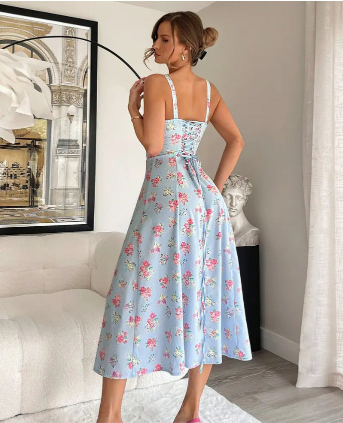 Women's Chest Strap Long Sexy Split Sling Floral Dress - Outfit Emporium