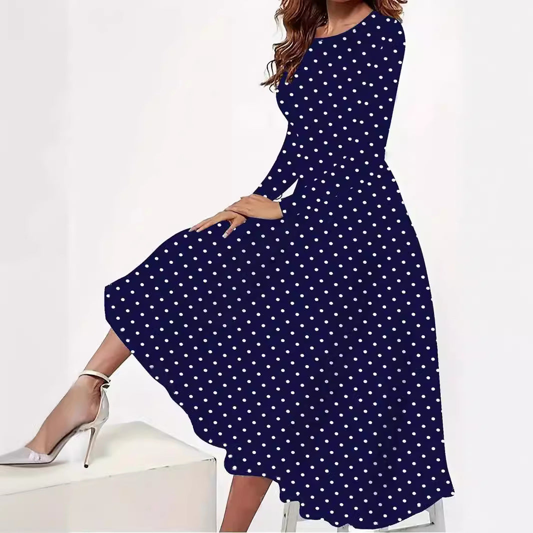 Elegant Polka Round Neck Long Sleeve Pocket Dress - Outfit Emporium