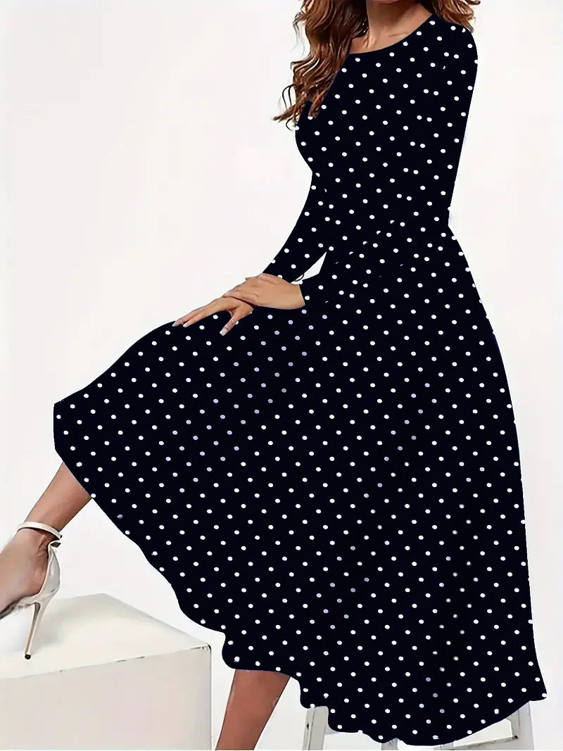 Elegant Polka Round Neck Long Sleeve Pocket Dress - Outfit Emporium
