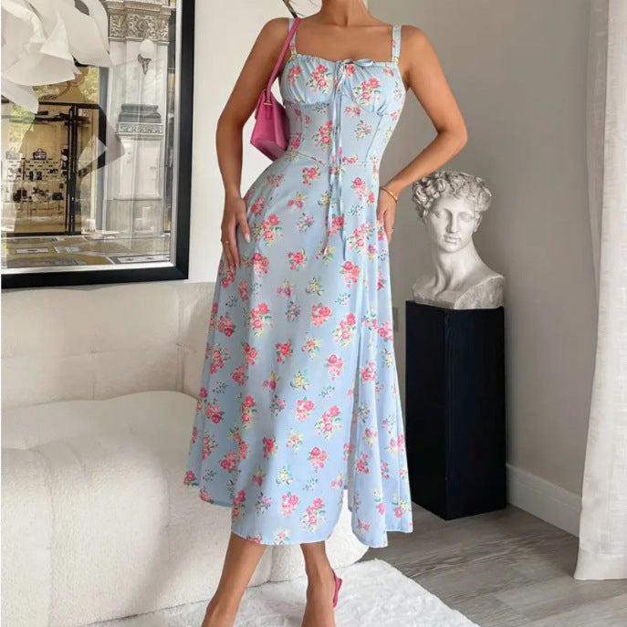 Women's Chest Strap Long Sexy Split Sling Floral Dress - Outfit Emporium