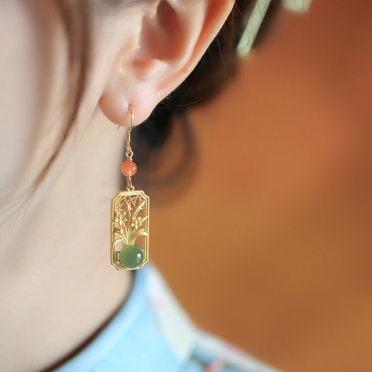 Ancient Gold Inlaid Hetian Earrings