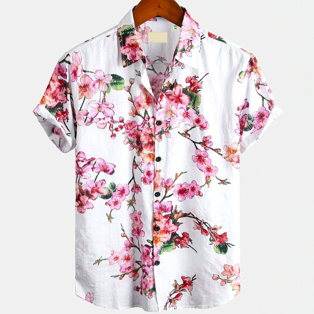 Men's Clothing Casual Printed Plant Pattern High Quality Short Sleeve Shirt
