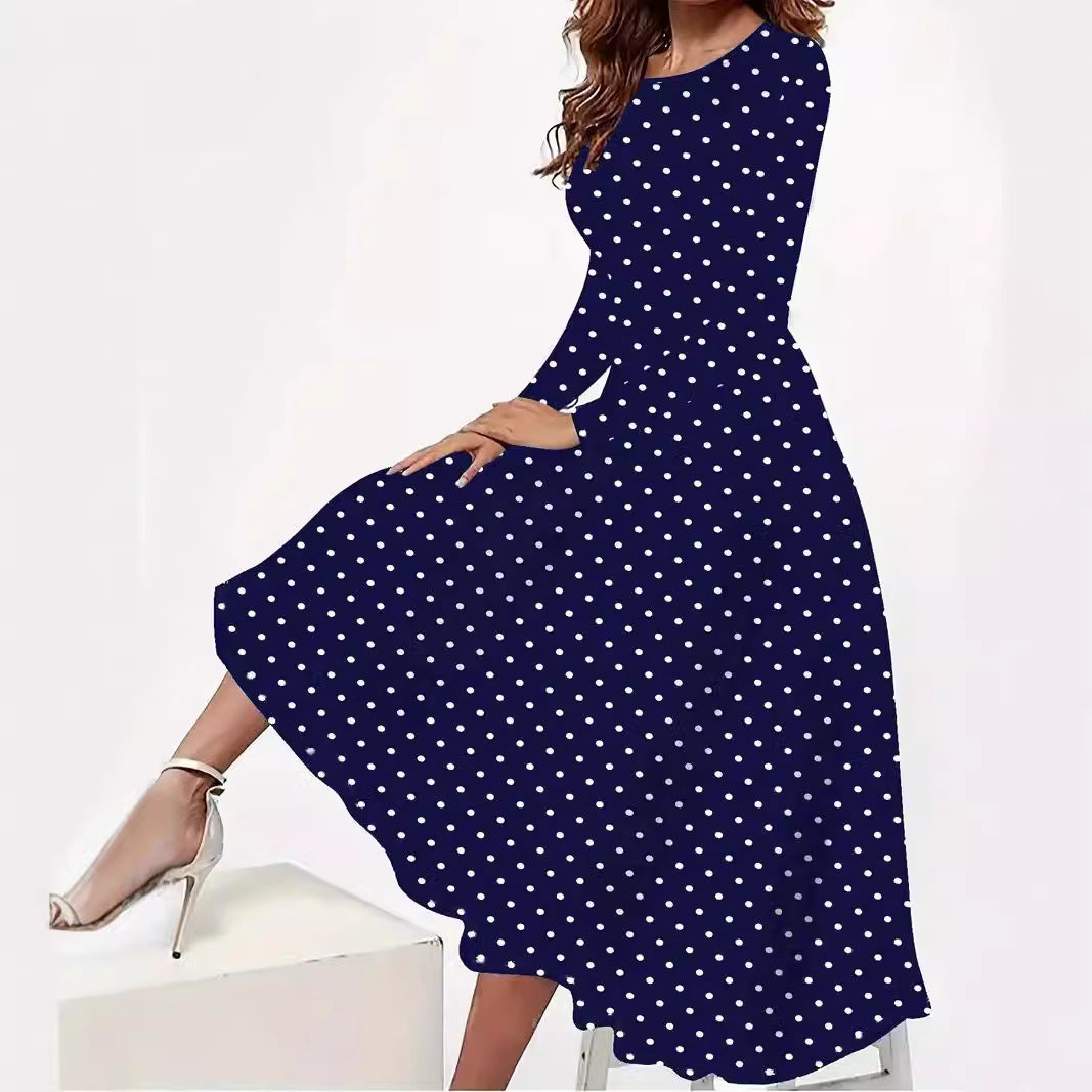 Elegant Polka Round Neck Long Sleeve Pocket Dress - Outfit Emporium