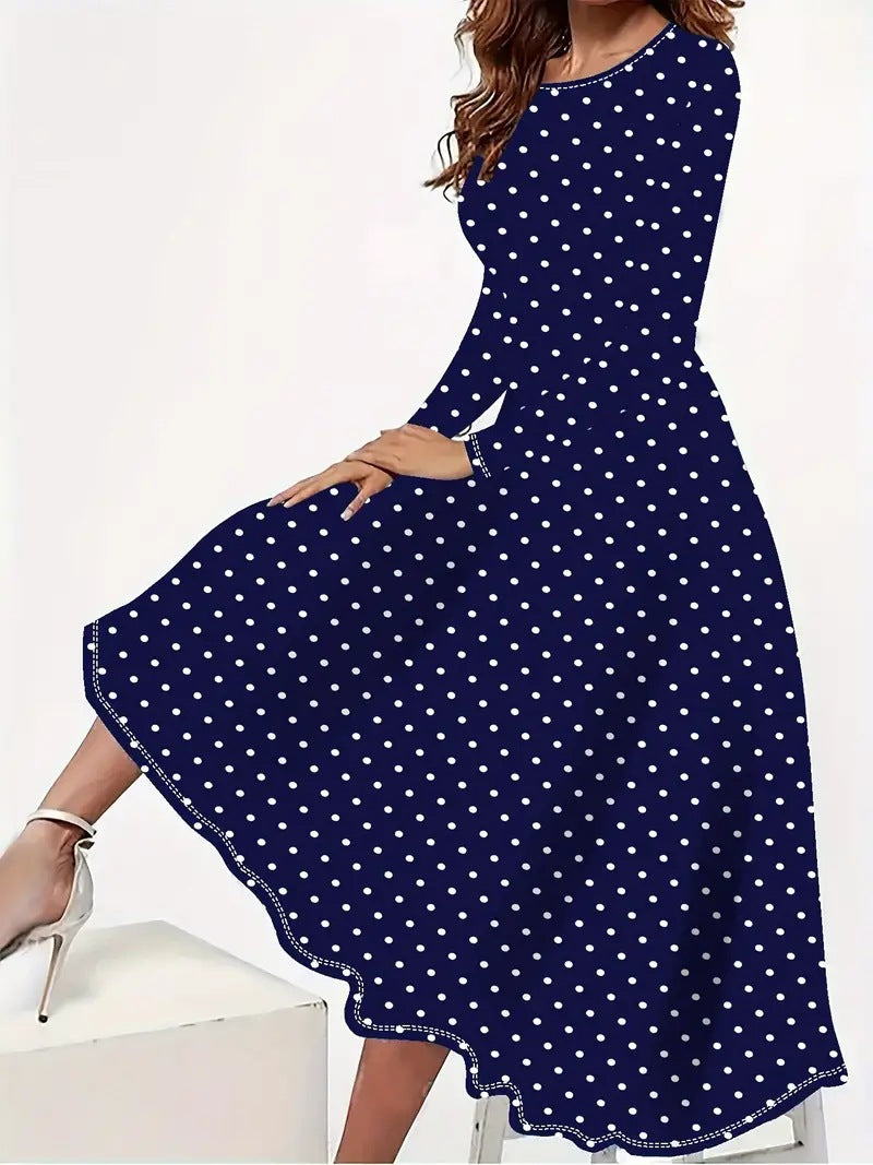 Elegant Polka Round Neck Long Sleeve Pocket Dress - Outfit Emporium