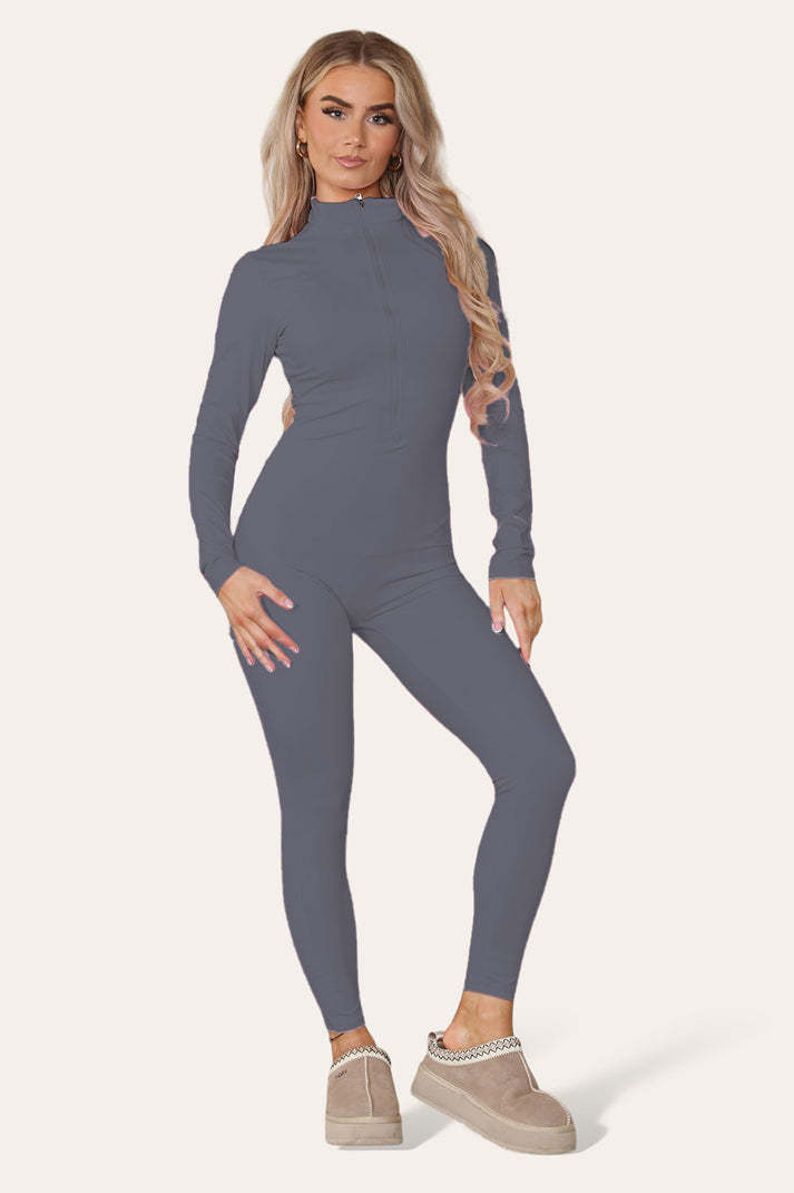 Ribbed High Neck Zipper Collar Jumpsuit Front Unitard Set - Outfit Emporium