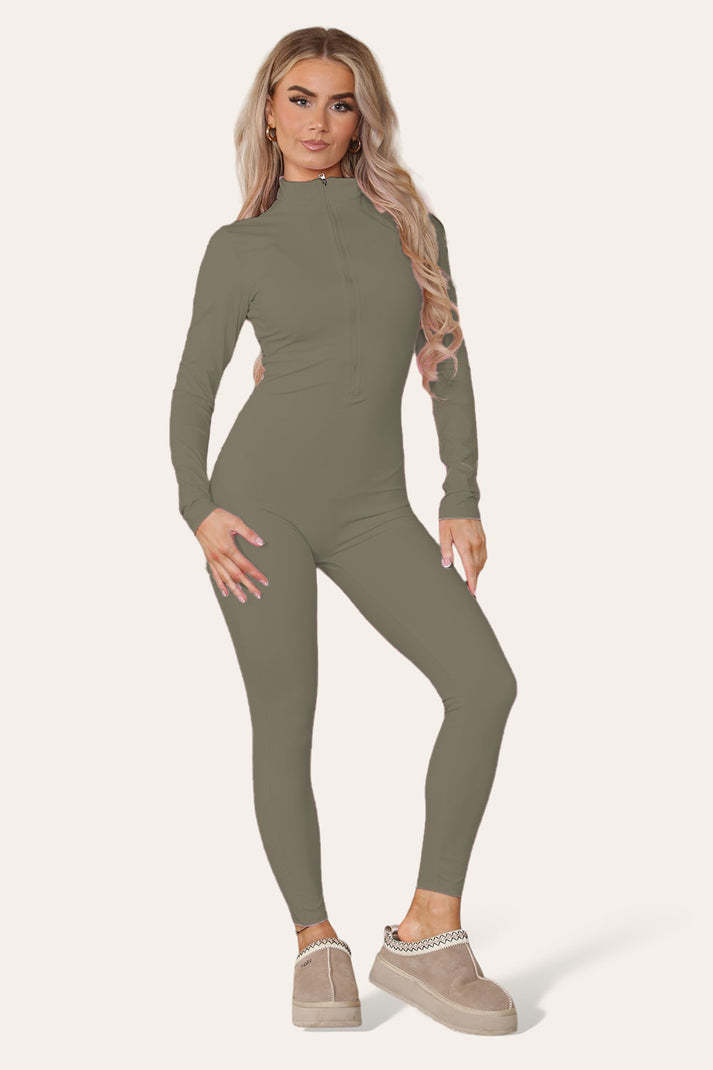 Ribbed High Neck Zipper Collar Jumpsuit Front Unitard Set - Outfit Emporium