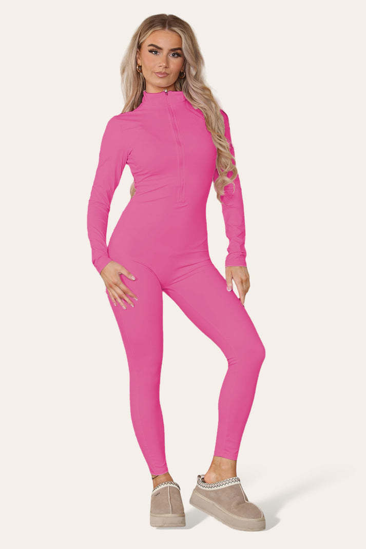 Ribbed High Neck Zipper Collar Jumpsuit Front Unitard Set - Outfit Emporium