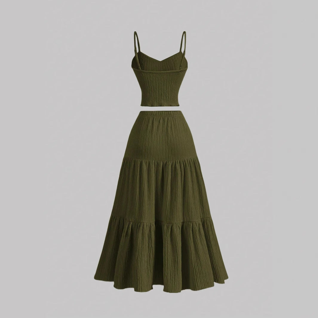 Casual Solid Color Ribbed Fit Vest Top And Ruched Hem A- Line Skirt - Outfit Emporium