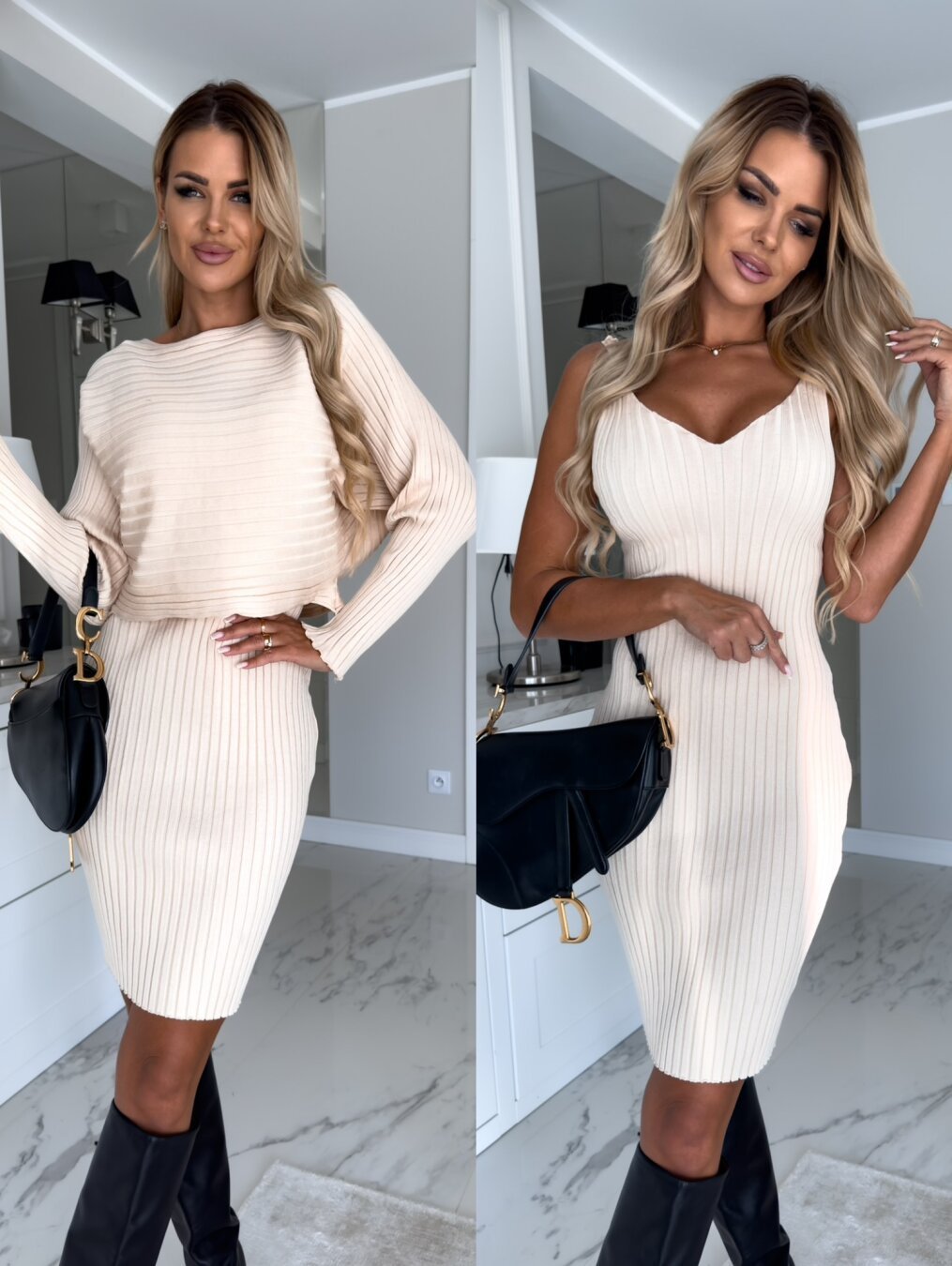2pcs Long-sleeved Top And Tight Suspender Skirt - Outfit Emporium