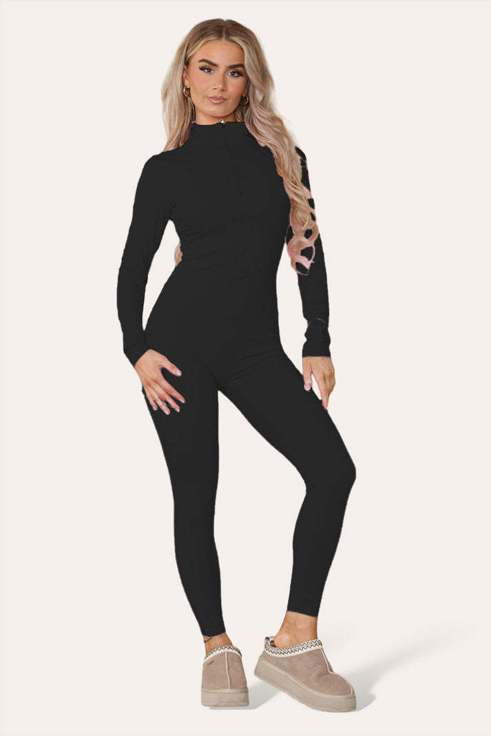 Ribbed High Neck Zipper Collar Jumpsuit Front Unitard Set - Outfit Emporium