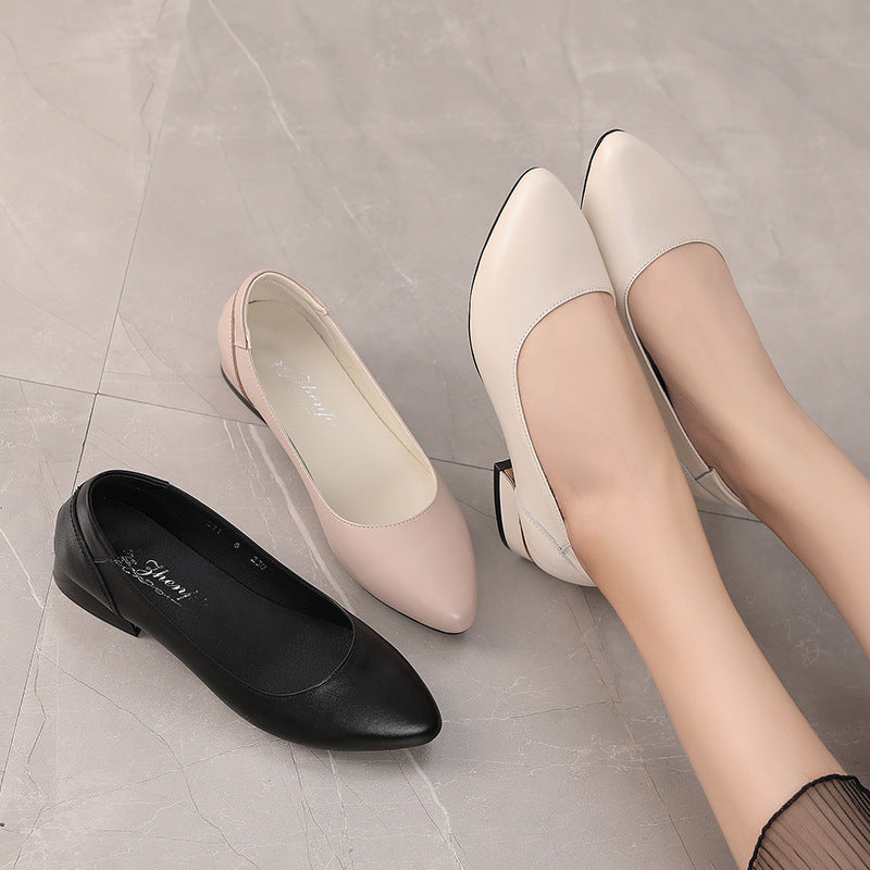 Autumn Cowhide Flat Pointed Low-cut Shoes - Outfit Emporium