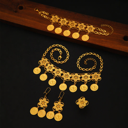 5pcs Fashionable Retro Personality Coin Flower Necklace, Bracelet, Earring Ring Women's Set, Wedding Jewelry, Banquet Gift Giving And Daily Wear
