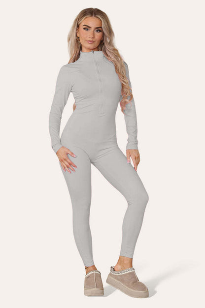 Ribbed High Neck Zipper Collar Jumpsuit Front Unitard Set - Outfit Emporium