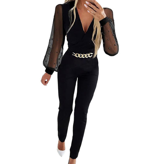 Women's Jumpsuit With Sheer Long Sleeves,