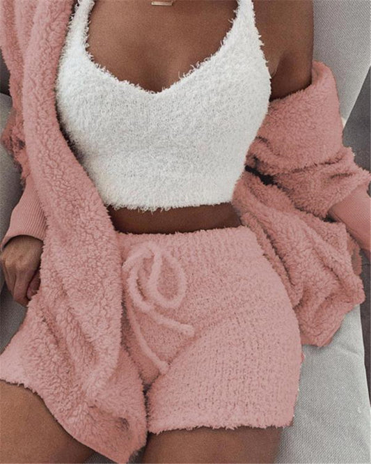 3pcs  Long Sleeve Crop Tank Top And Drawstring Shorts Pajamas - Outfit Emporium