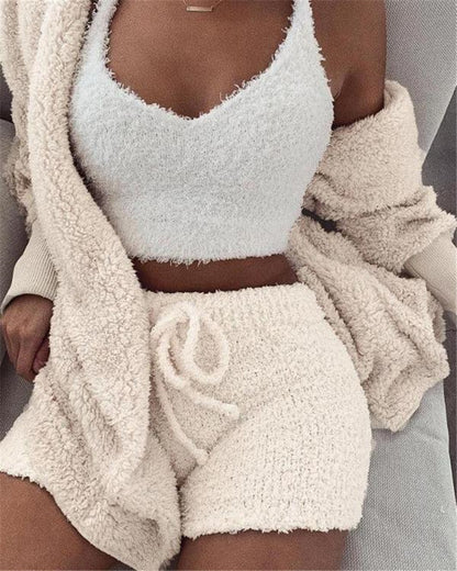 3pcs  Long Sleeve Crop Tank Top And Drawstring Shorts Pajamas - Outfit Emporium