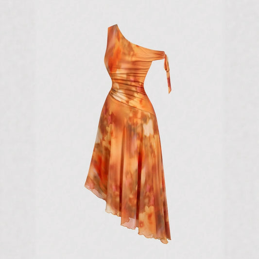 Women's Asymmetric Shoulder Mesh Floral Print Holiday Dress