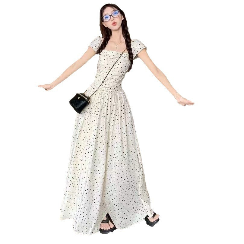 Women's French Square Collar Polka Dot Flying Sleeve Dress - Outfit Emporium